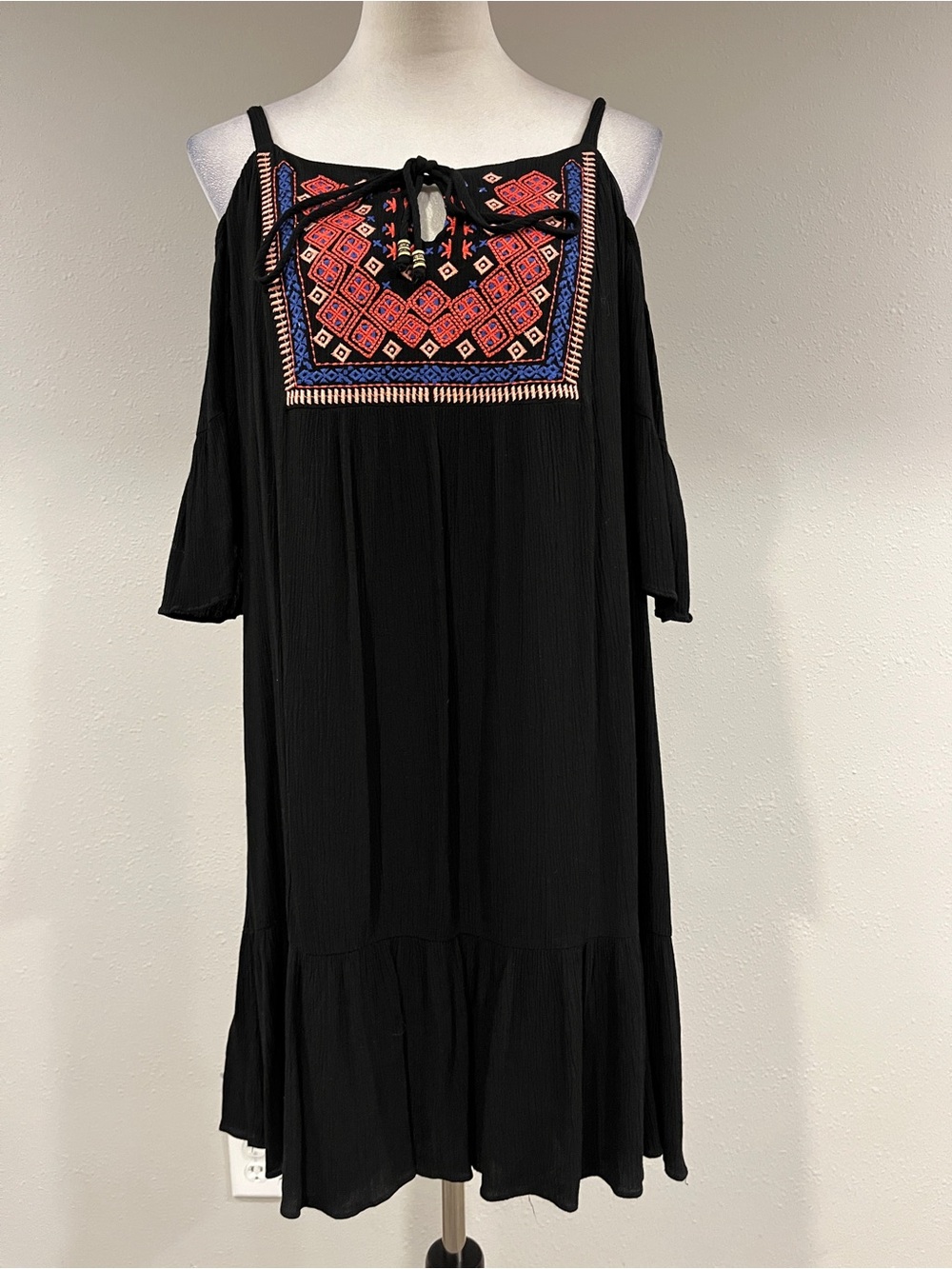 AUW Black Cold-Shoulder Mini Dress with Red & Blue Embroidery size 8